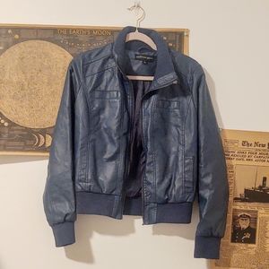 Faux leather blue bomber jacket